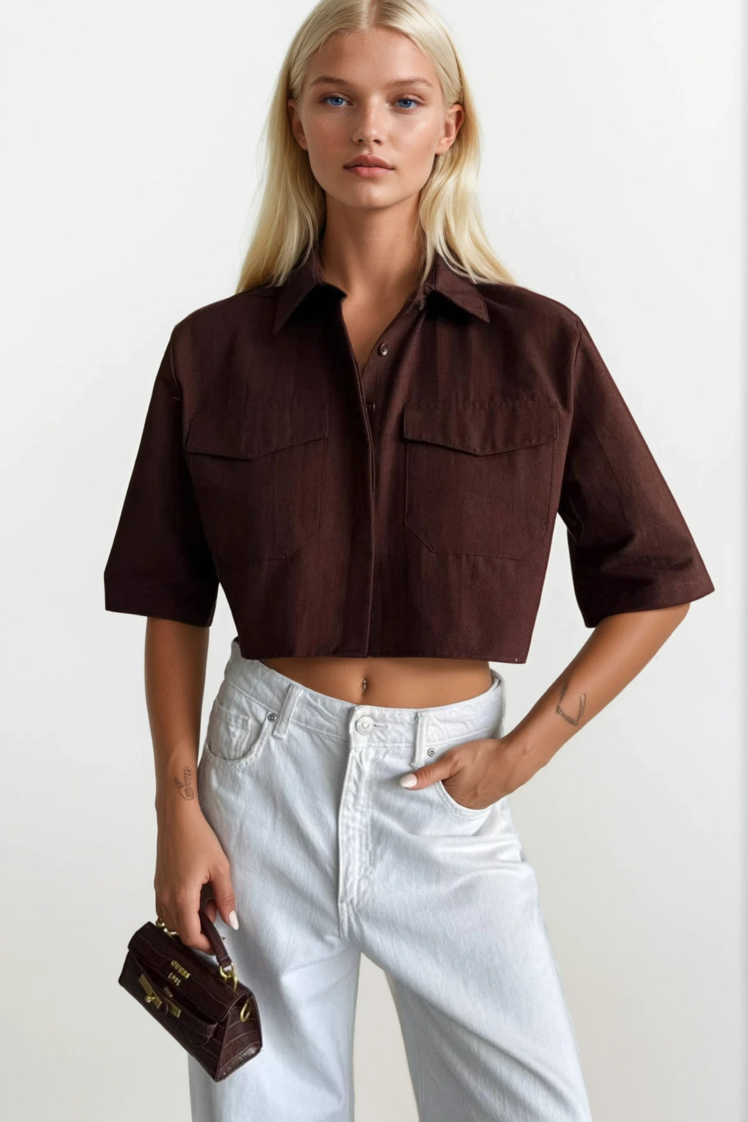 Pocket Detail Half Sleeve Crop Linen Brown Shirt