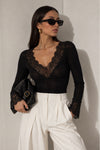 Lace Detail V-Neck Black Sheer Blouse