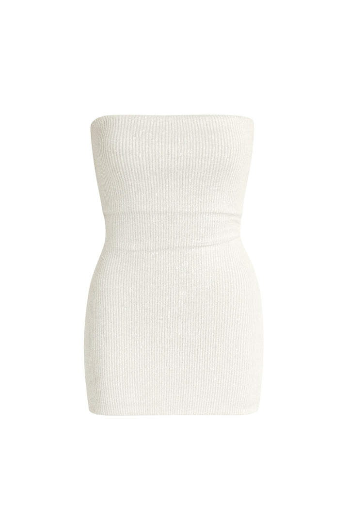 Payetli Beyaz Straplez Mini Elbise