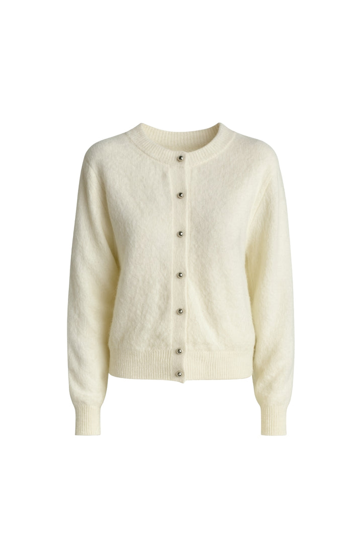 Düğme Detay Ekru Dokulu Triko Hırka