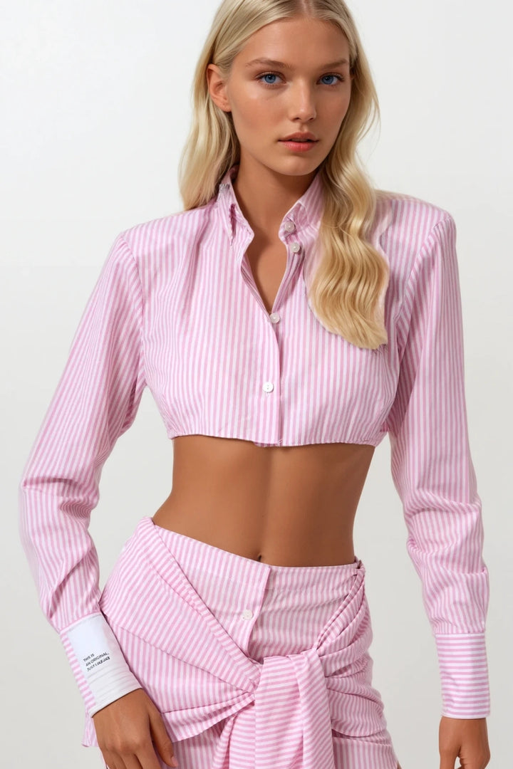 Kol Etiket Detay Çizgili Pembe Crop Gömlek
