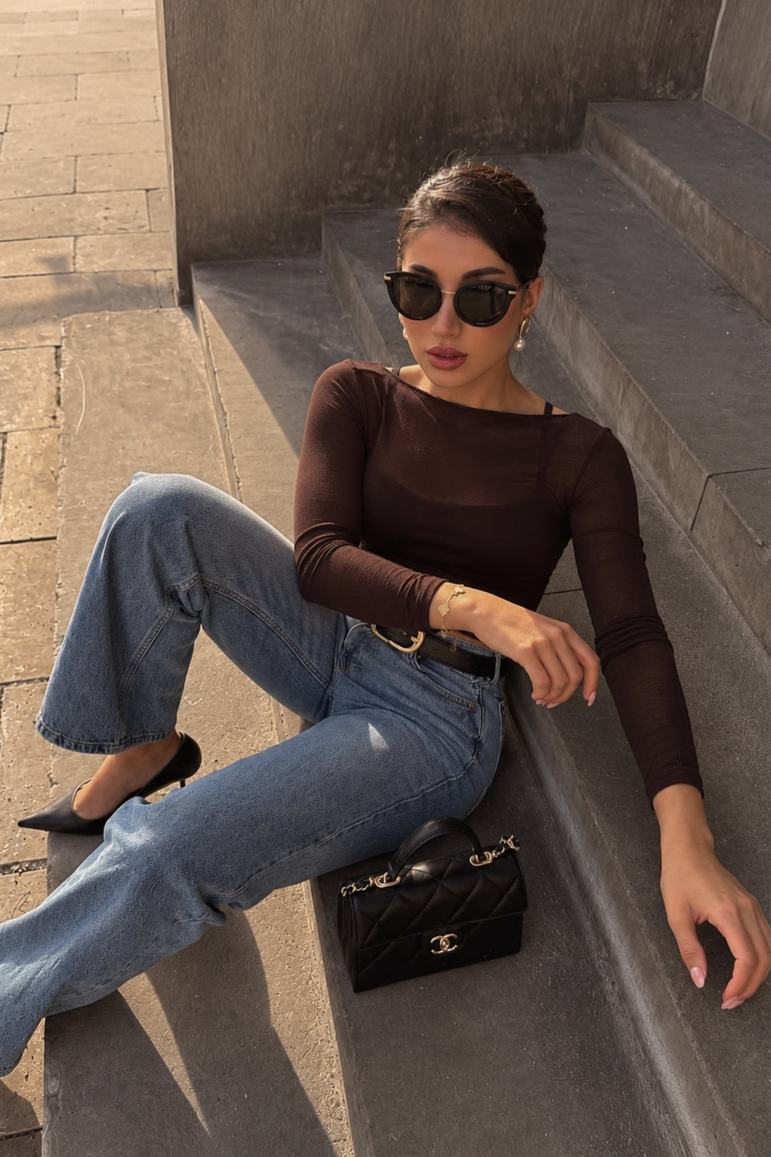Boat Neck Brown Transparent Blouse