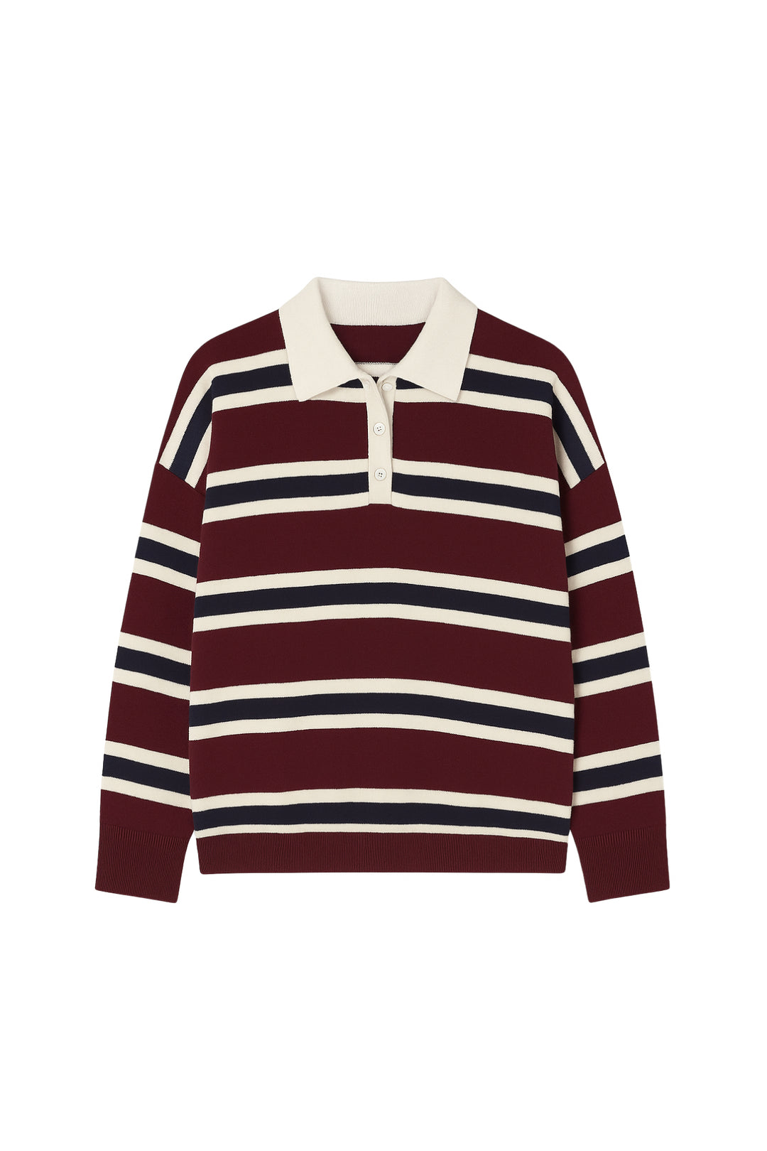 Çizgili Düğmeli Polo Yaka Bordo Triko Bluz