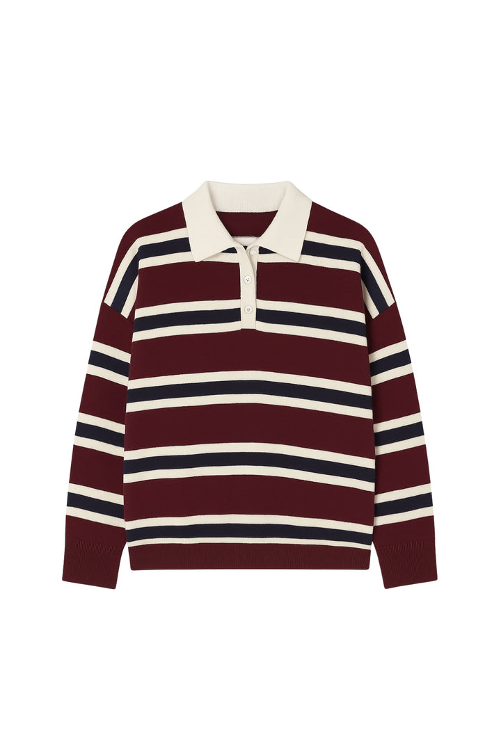 Çizgili Düğmeli Polo Yaka Bordo Triko Bluz