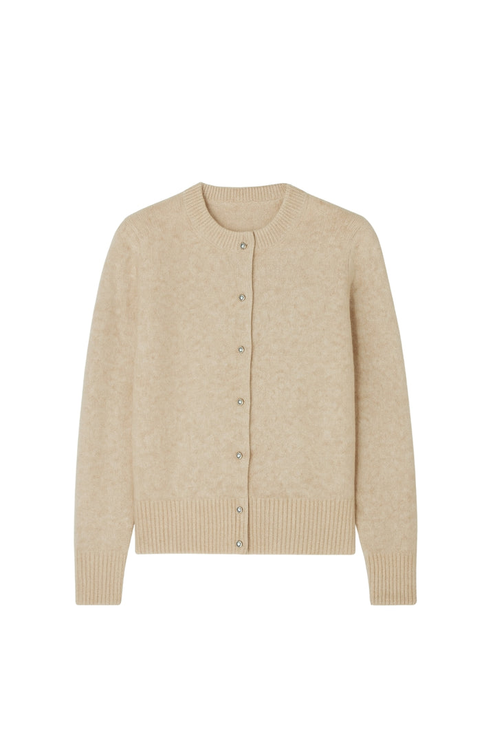 Düğme Detay Bej Dokulu Triko Hırka