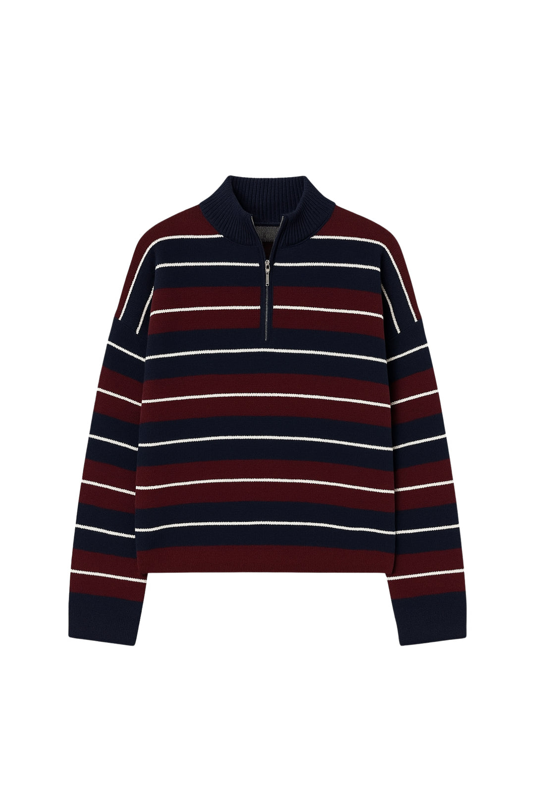 Balıkçı Yaka Fermuar Detay Gri Çizgili Kazak