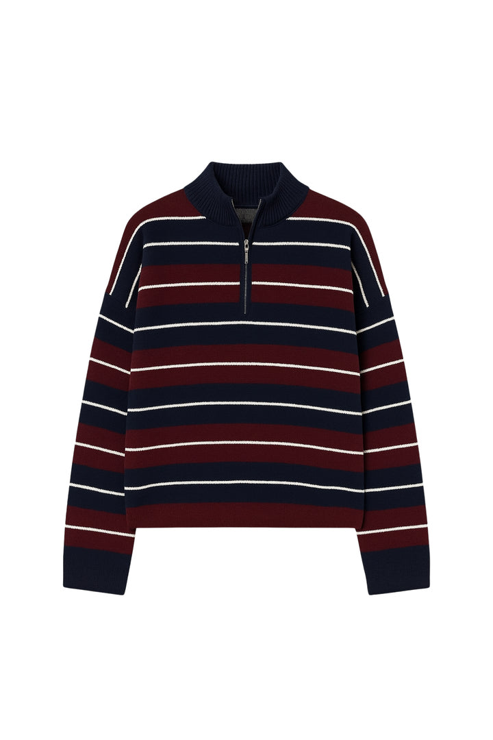 Balıkçı Yaka Fermuar Detay Gri Çizgili Kazak