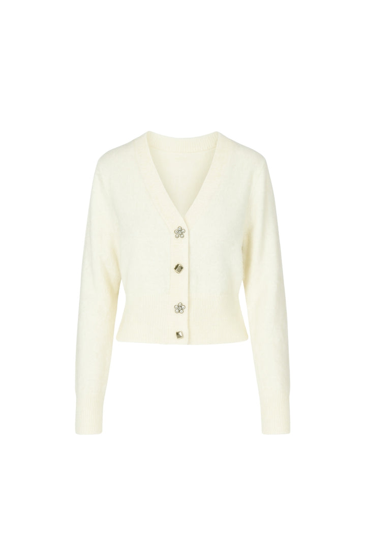 V Yaka Aksesuar Detay Triko Ekru Hırka