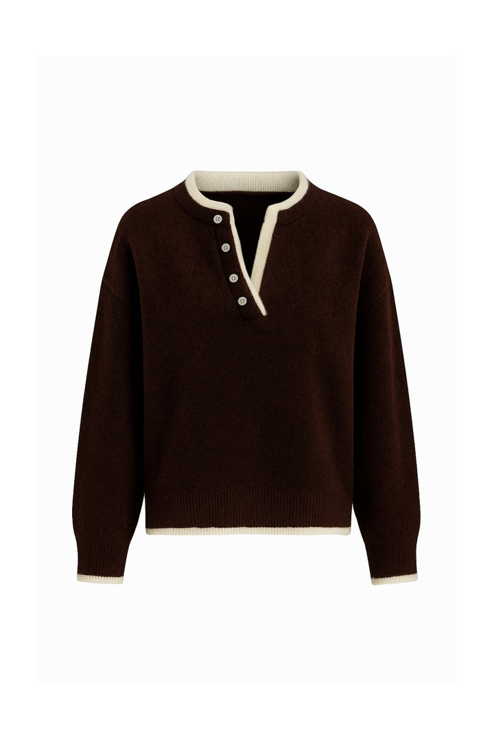 Düğme Detay Basic Kahverengi Triko Kazak