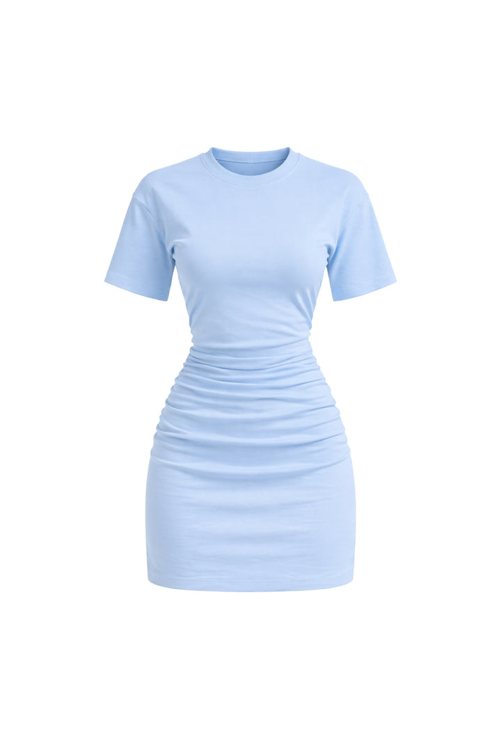 Bel Oturtmalı Büzgülü Bebe Mavi Mini Elbise