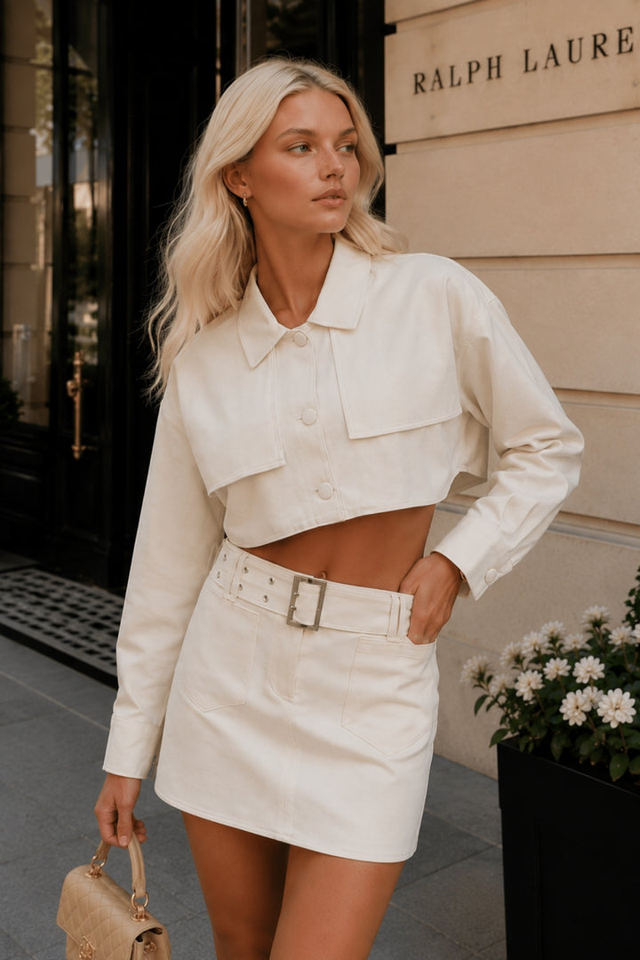 Belt Detail Ecru Mini Skirt 