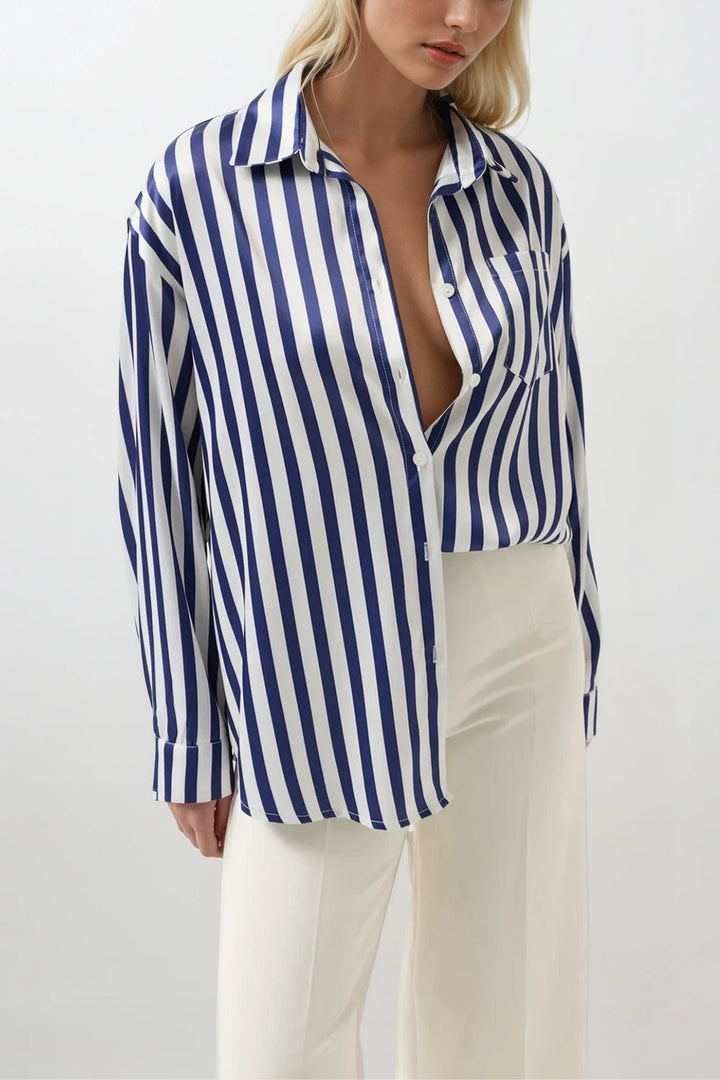 Çizgili Saten Lacivert Gömlek