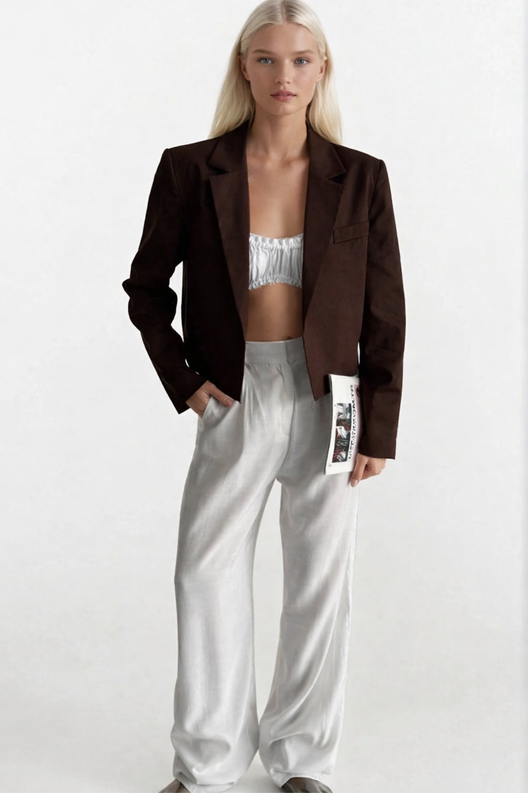 Crop Keten Blazer Kahverengi Ceket