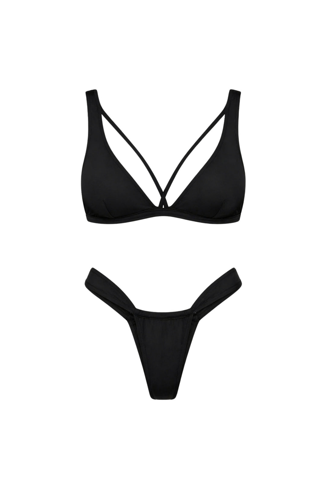 Piping Detail Pleated Black Bikini Set 