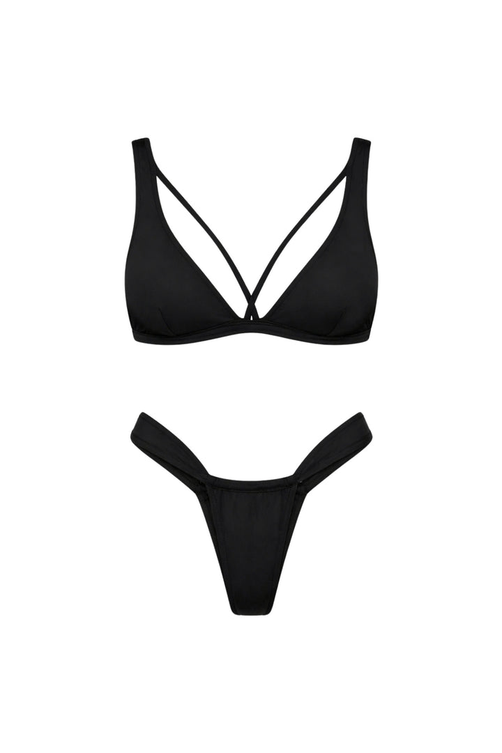 Piping Detail Pleated Black Bikini Set 