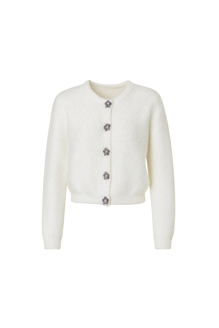Çiçek Aksesuarlı Yumuşak Dokulu Ekru Triko Hırka