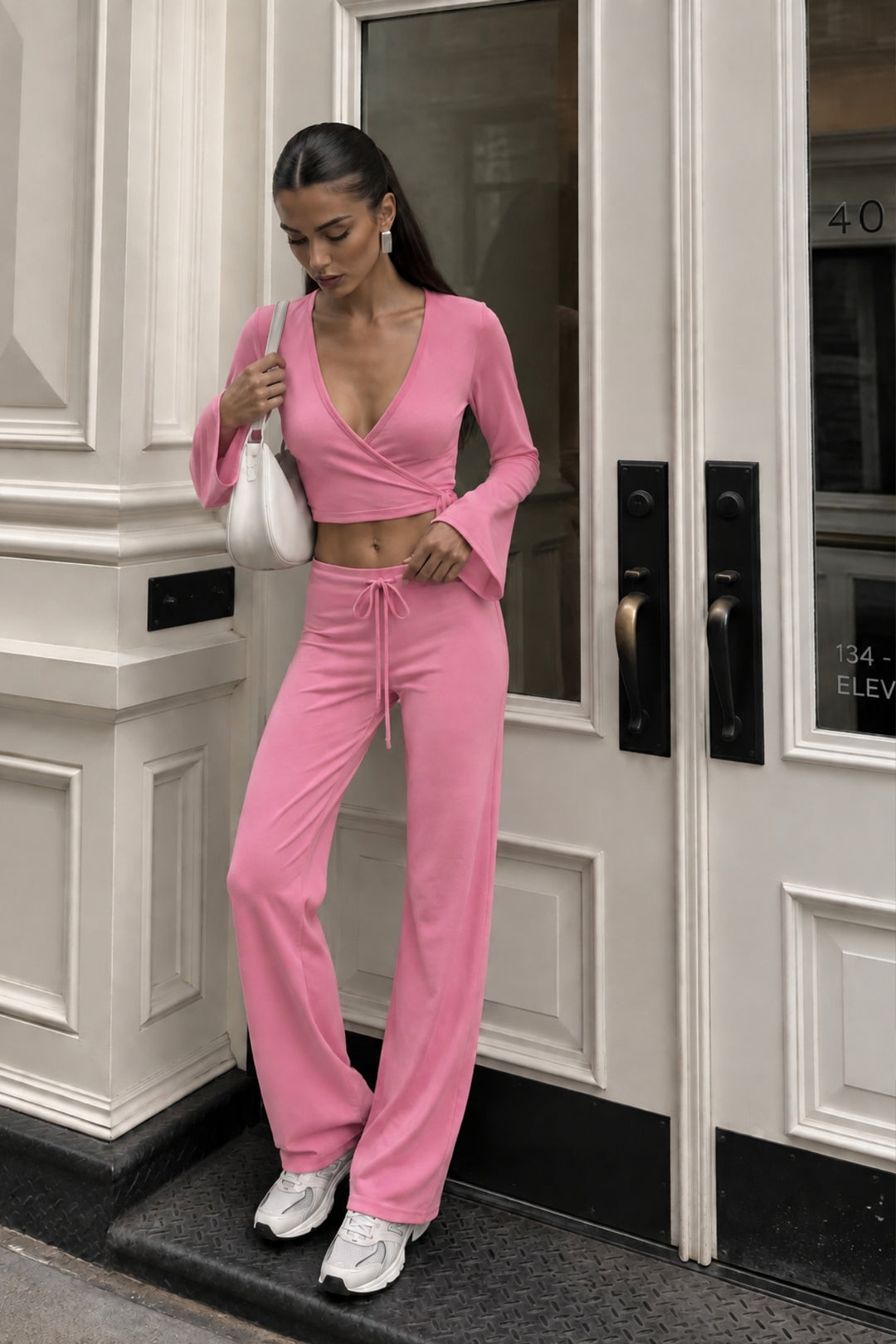 Bel Bağlamalı Kruvaze Yaka Bluz Düşük Bel Pantolon İkili Pembe Takım