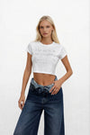 Taş Detay Beyaz Crop T-Shirt