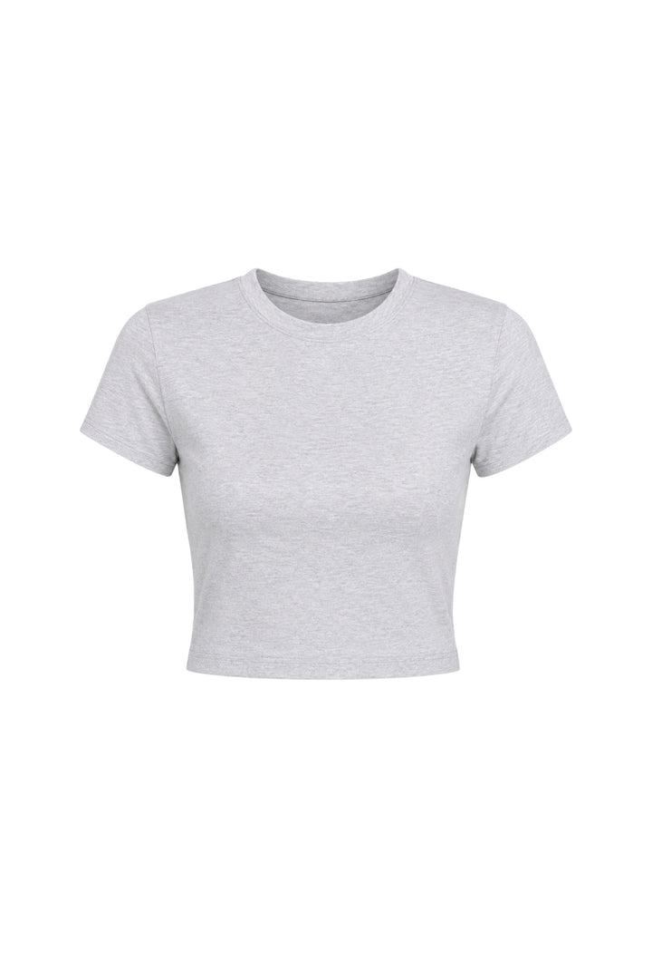Bisiklet Yaka Likralı Gri Crop T-Shirt