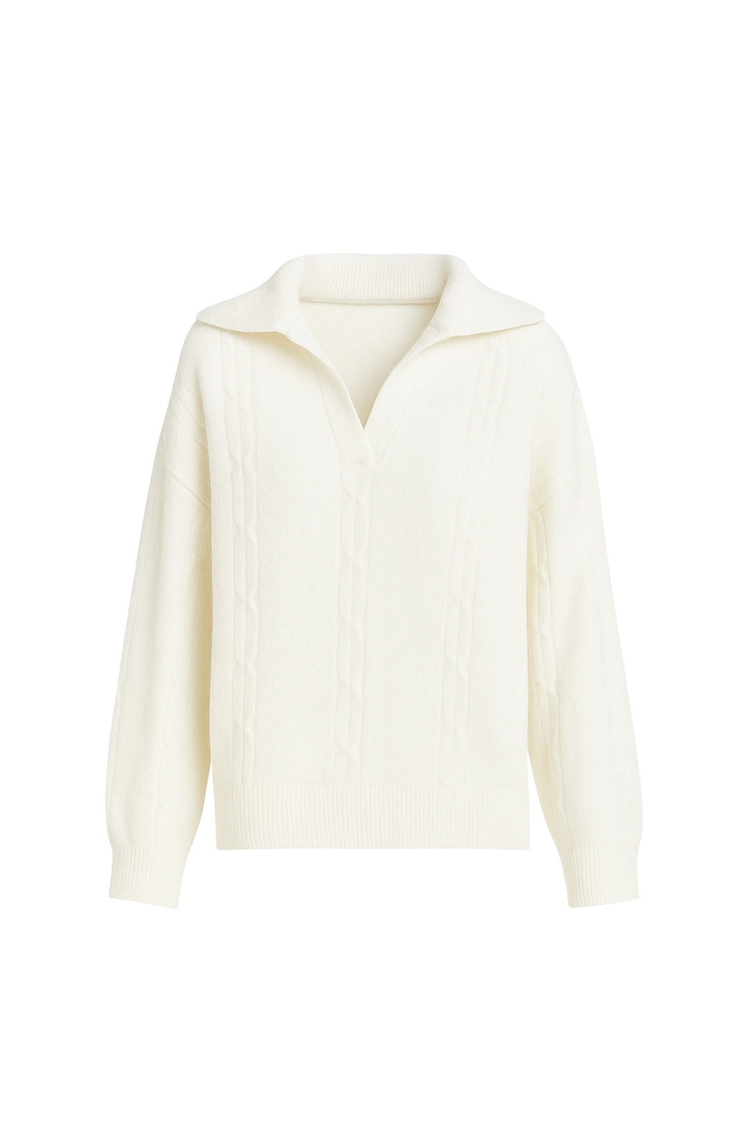 Polo Yaka Örgü Desen Ekru Triko Kazak