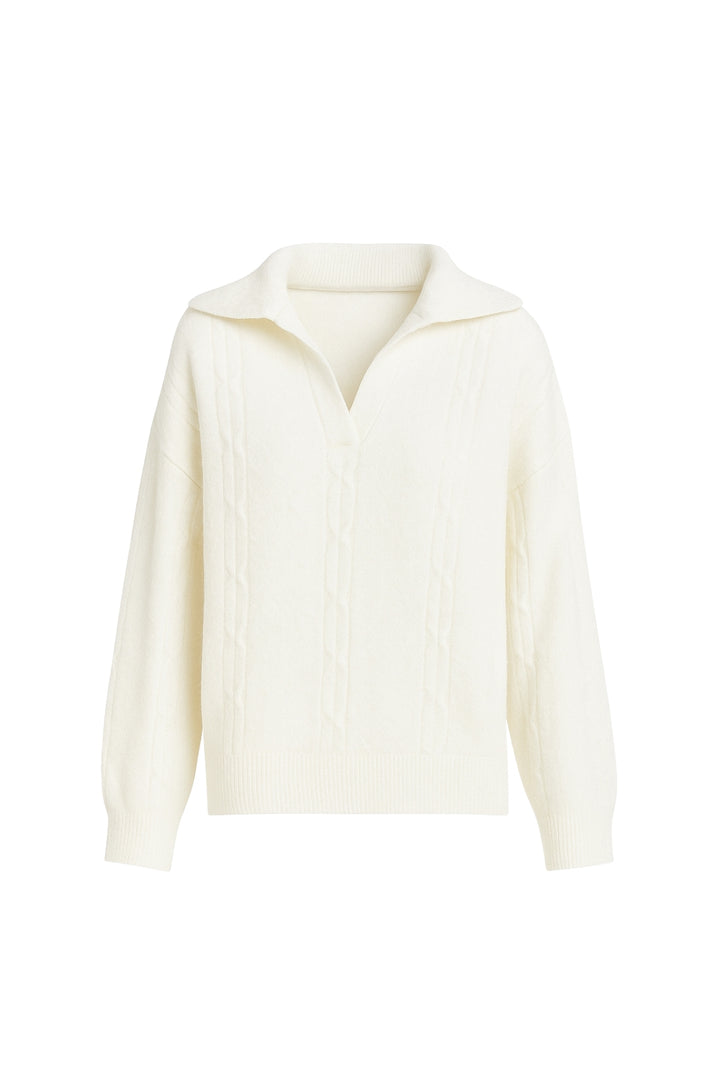 Polo Yaka Örgü Desen Ekru Triko Kazak