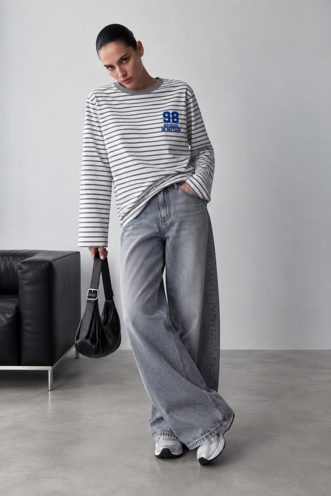 Baskılı Gri Çizgi Detay Basic Sweatshirt