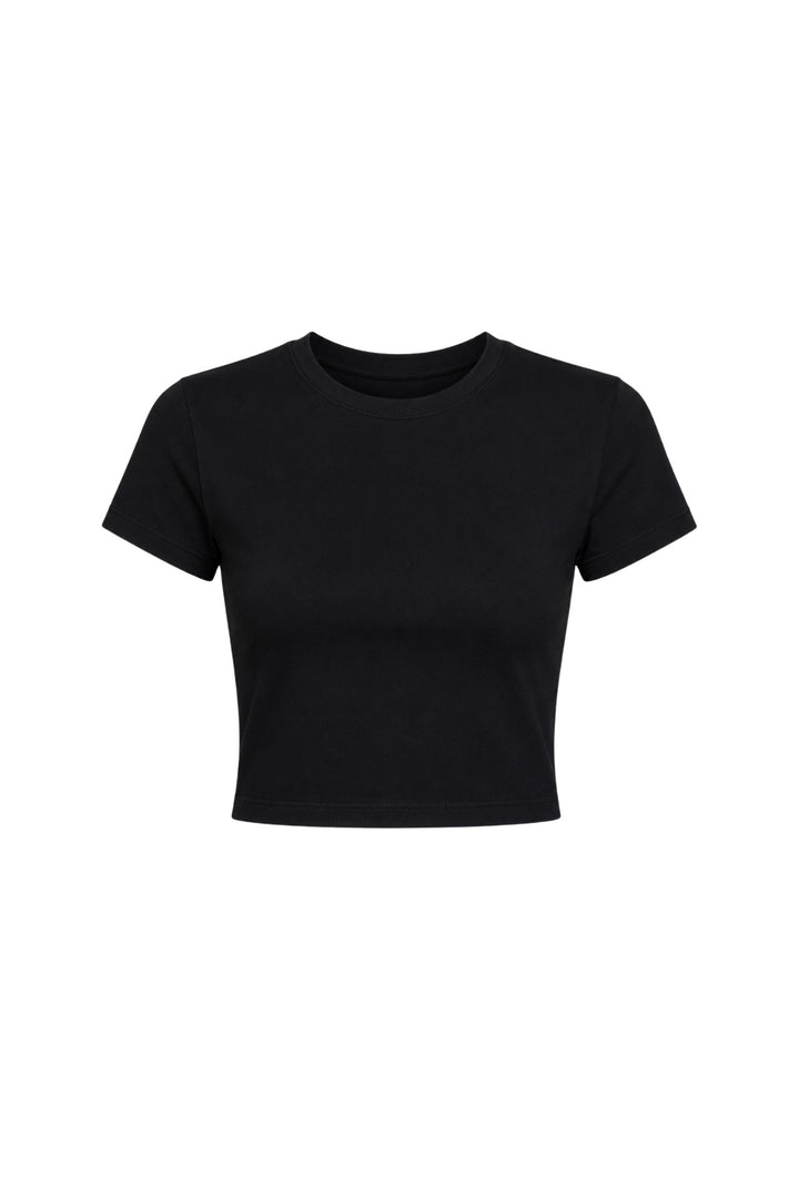 Bisiklet Yaka Likralı Siyah Crop T-Shirt