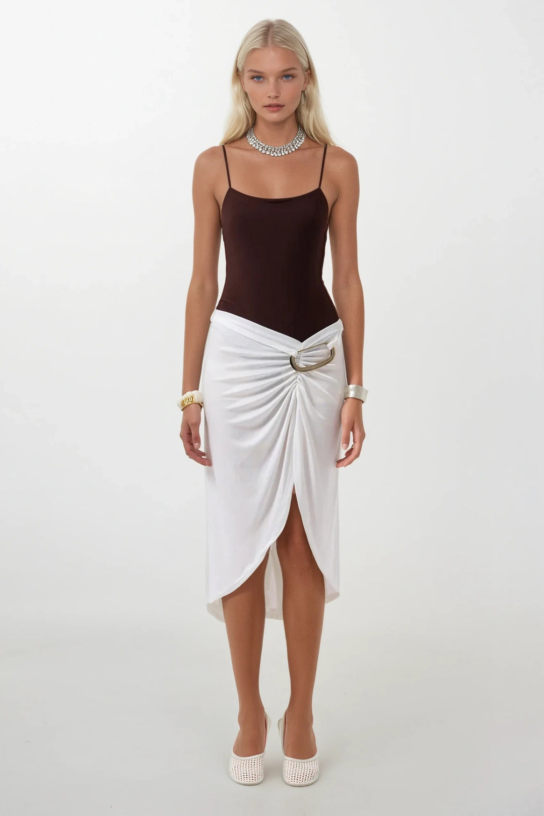 Buckle Detail Asymmetrical Ecru Skirt 