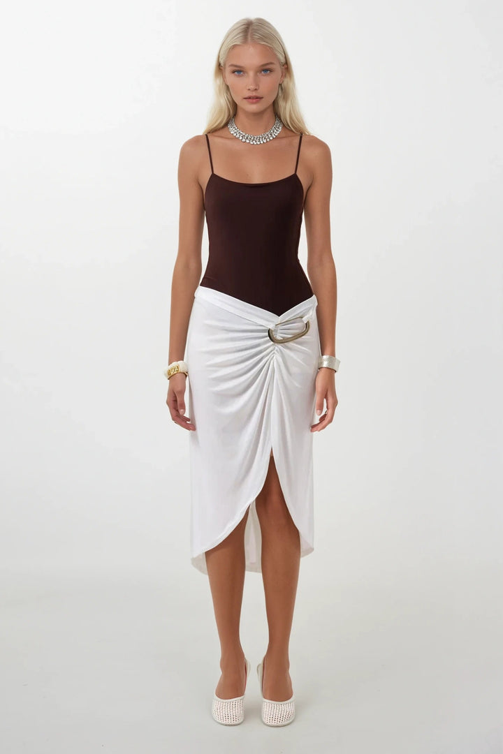 Buckle Detail Asymmetrical Ecru Skirt 