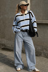 Polo Neck Button Detail Striped Blue Knit Sweater