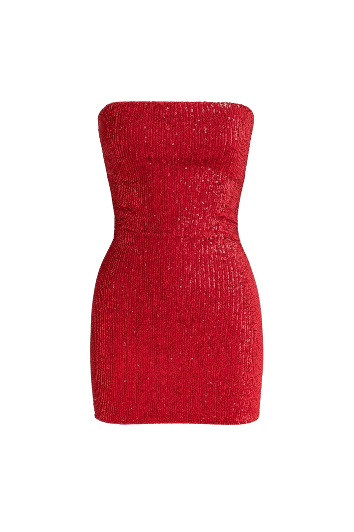 Payetli Kırmızı Straplez Mini Elbise