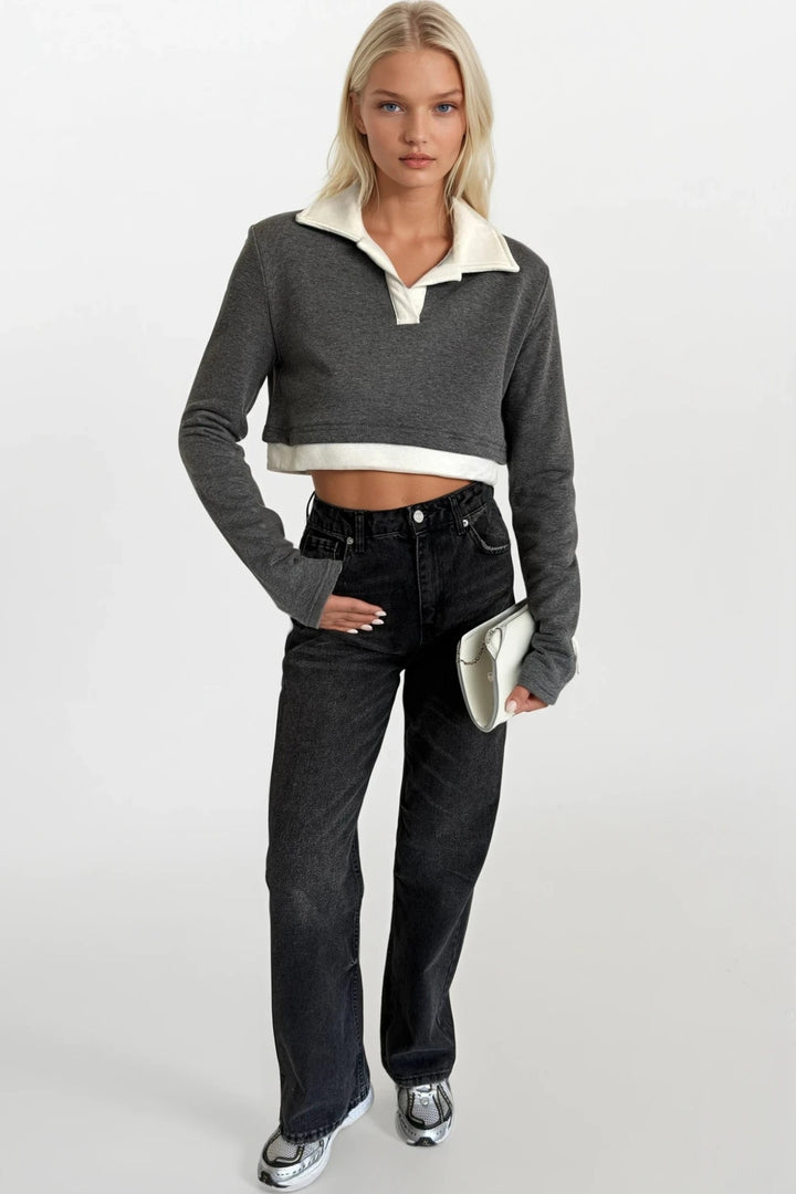 Polo Neck Garnished Crop Gray Sweatshirt 