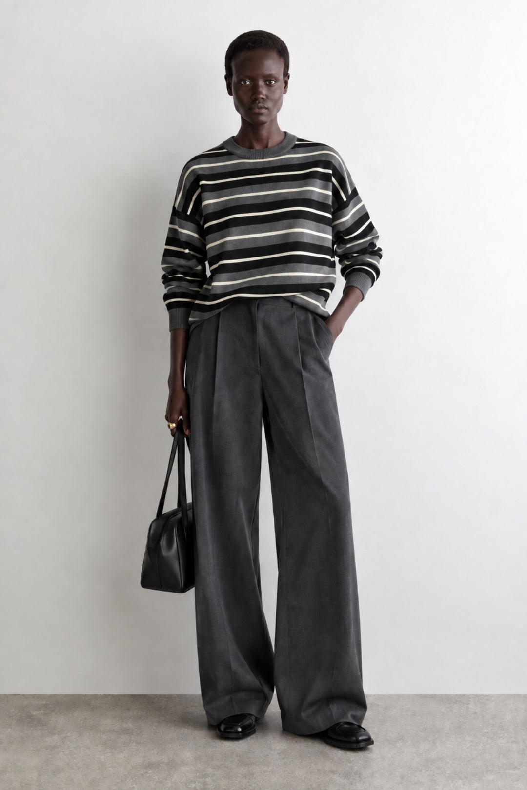 Crew Neck Striped Knit Anthracite Blouse