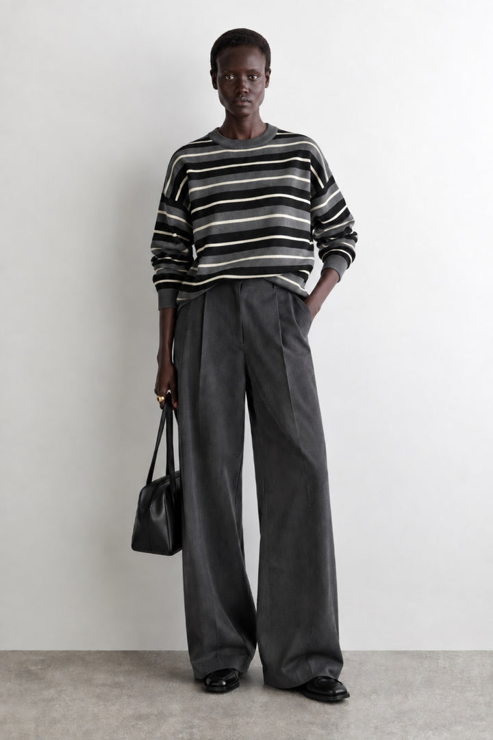 Crew Neck Striped Knit Anthracite Blouse