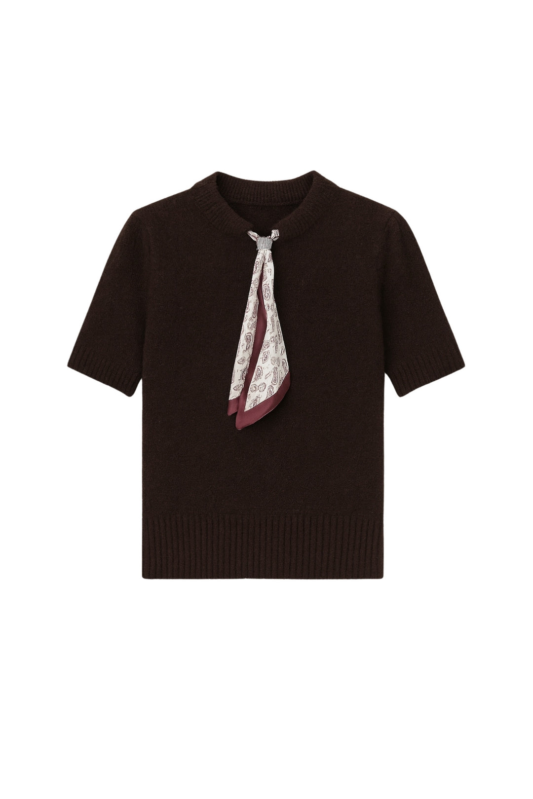 Fular Detay Yarım Kol Kahverengi Triko Bluz