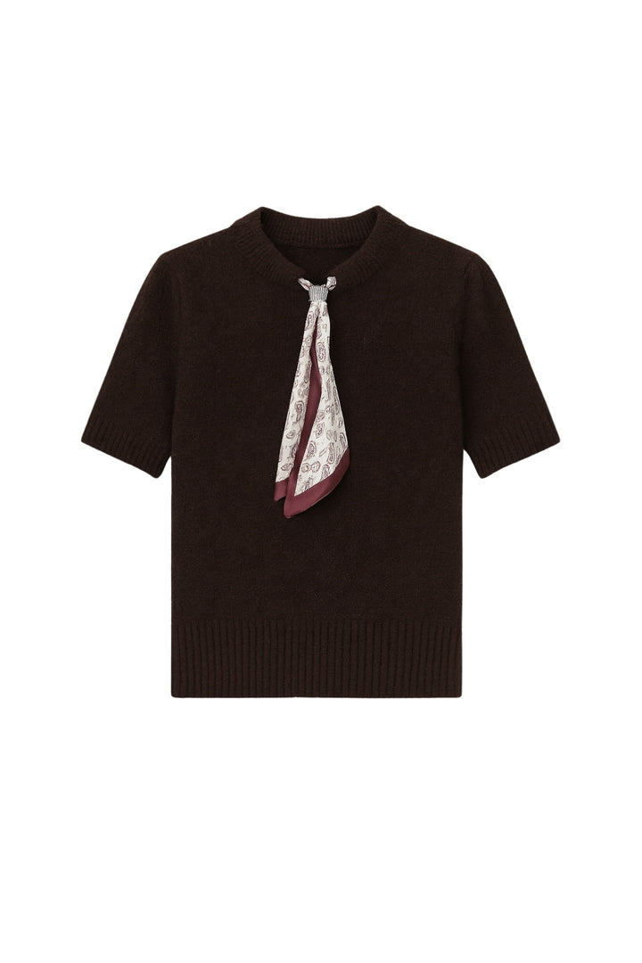 Fular Detay Yarım Kol Kahverengi Triko Bluz