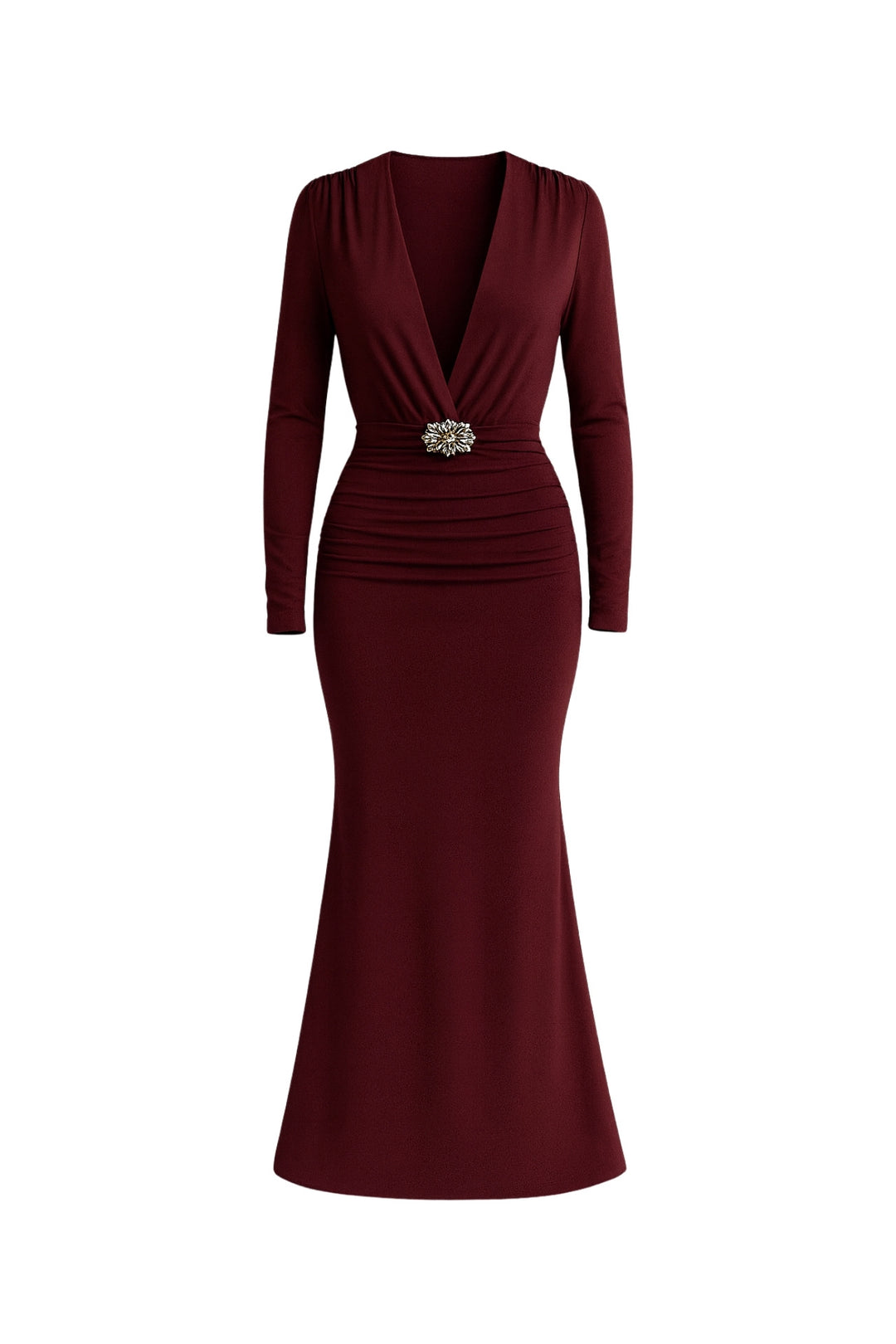 Aksesuar Detay Omuz ve Bel Büzgülü Bordo Maxi Elbise