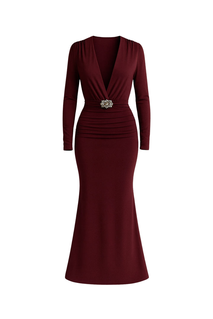 Aksesuar Detay Omuz ve Bel Büzgülü Bordo Maxi Elbise