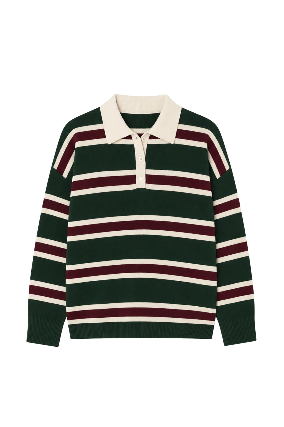 Striped Button-Down Polo Neck Green Knit Blouse