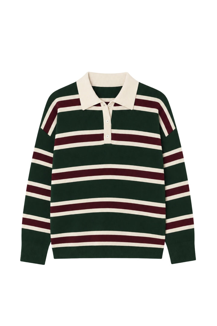 Striped Button-Down Polo Neck Green Knit Blouse