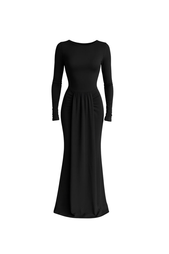 Önü Büzgülü Siyah Maxi Elbise