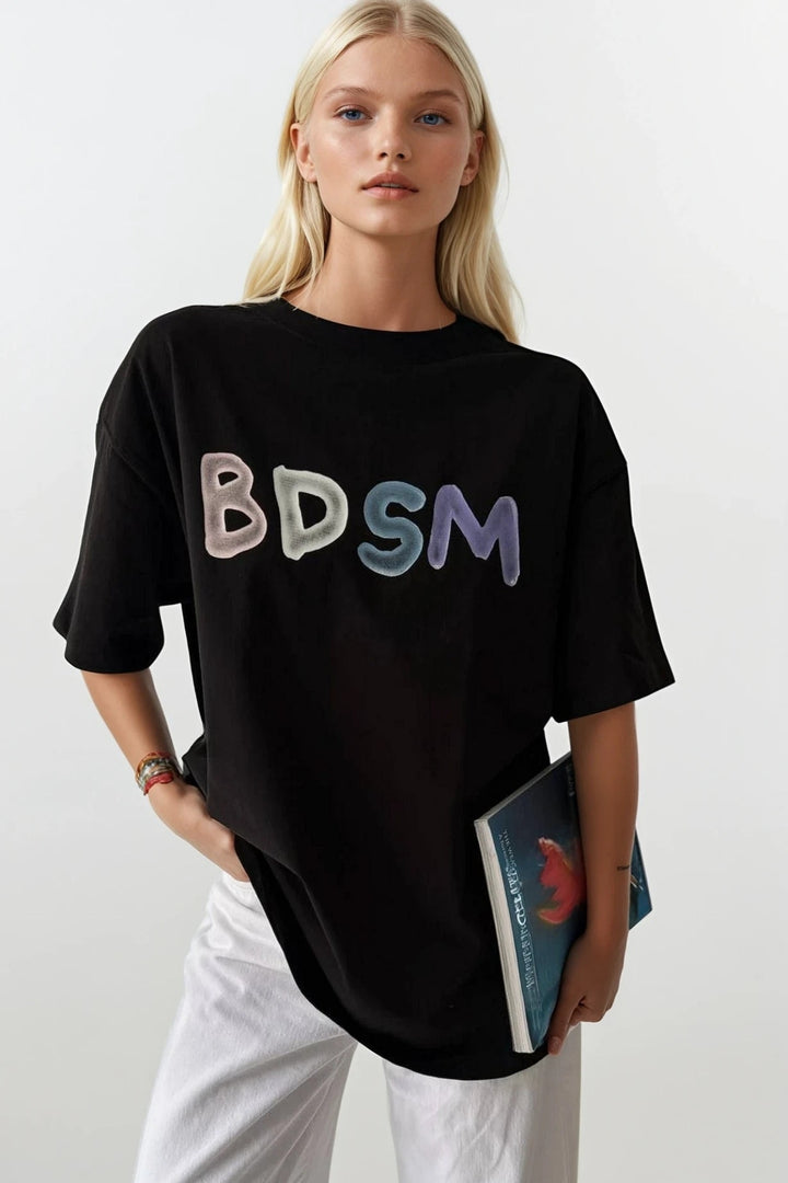 Sırt ve Ön Baskılı Oversize Siyah T-Shirt