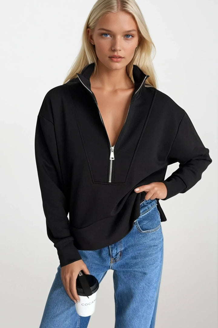 Fermuar ve Dikiş Detaylı Siyah Sweatshirt