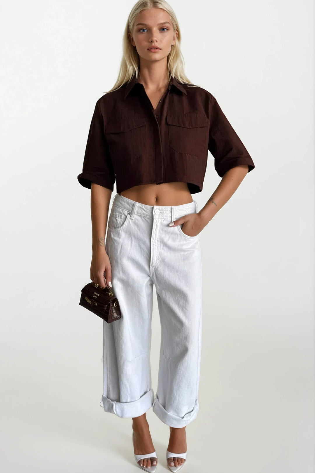 Pocket Detail Half Sleeve Crop Linen Brown Shirt