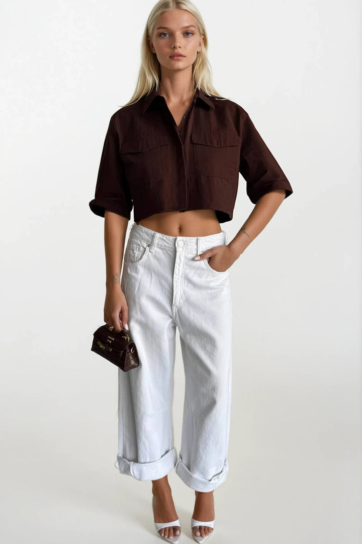 Pocket Detail Half Sleeve Crop Linen Brown Shirt