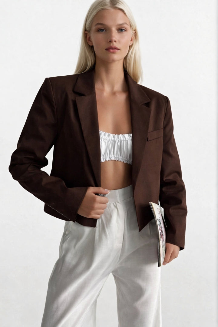 Crop Keten Blazer Kahverengi Ceket