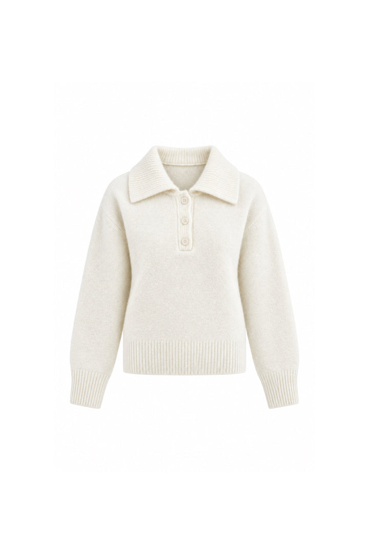 Ecru Buttoned Polo Neck Knitwear Sweater