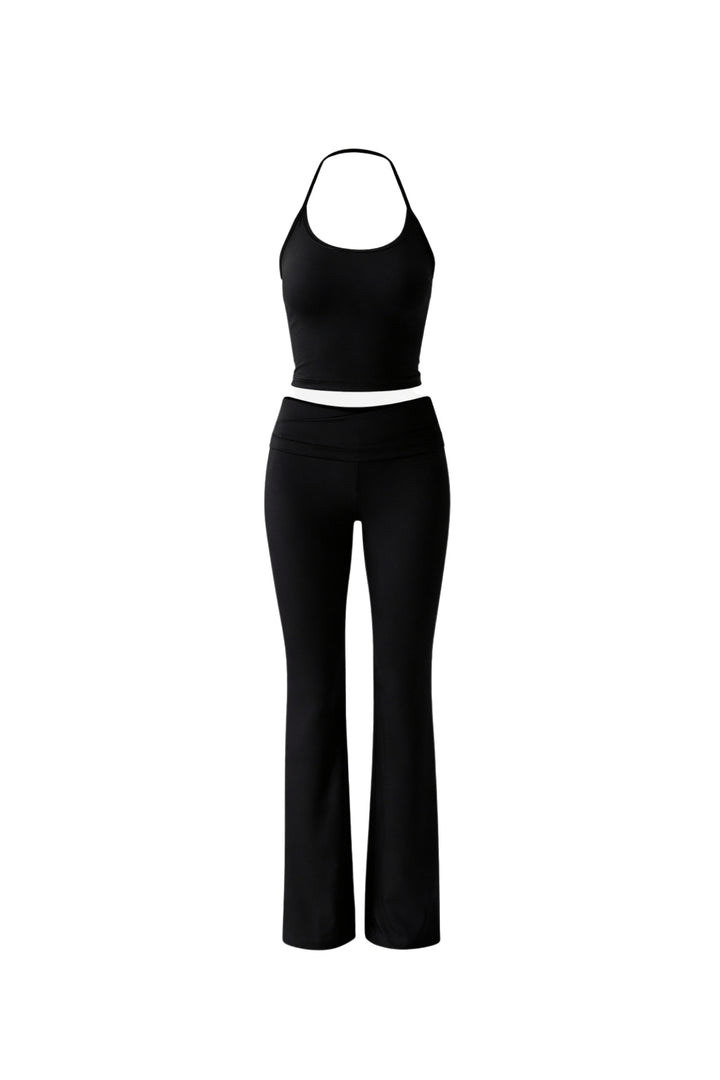 İp Askılı Bluz Wide Leg Pantolon Siyah İkili Takım