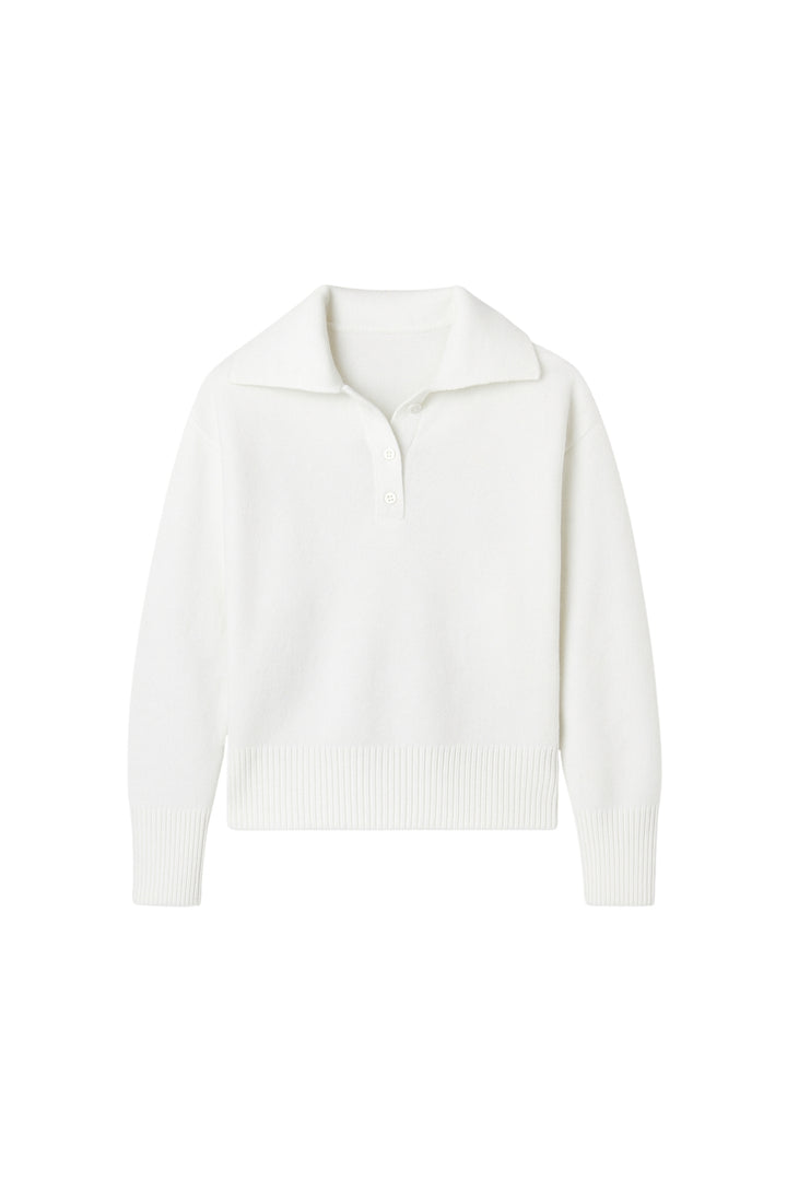 Polo Yaka Ekru Düğmeli Triko Kazak
