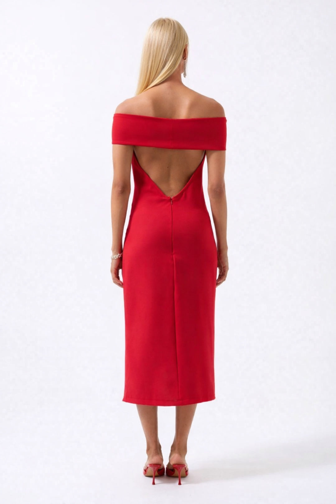 Omuz Katlama Detay Maxi Kırmızı Elbise